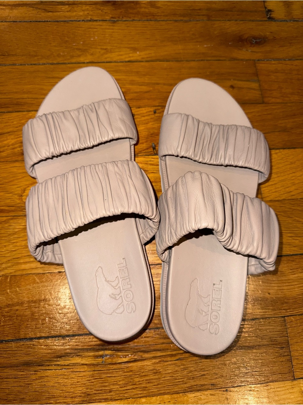 Sorel Women's Double Ruched Strap Slide Sandals in Pale Pink